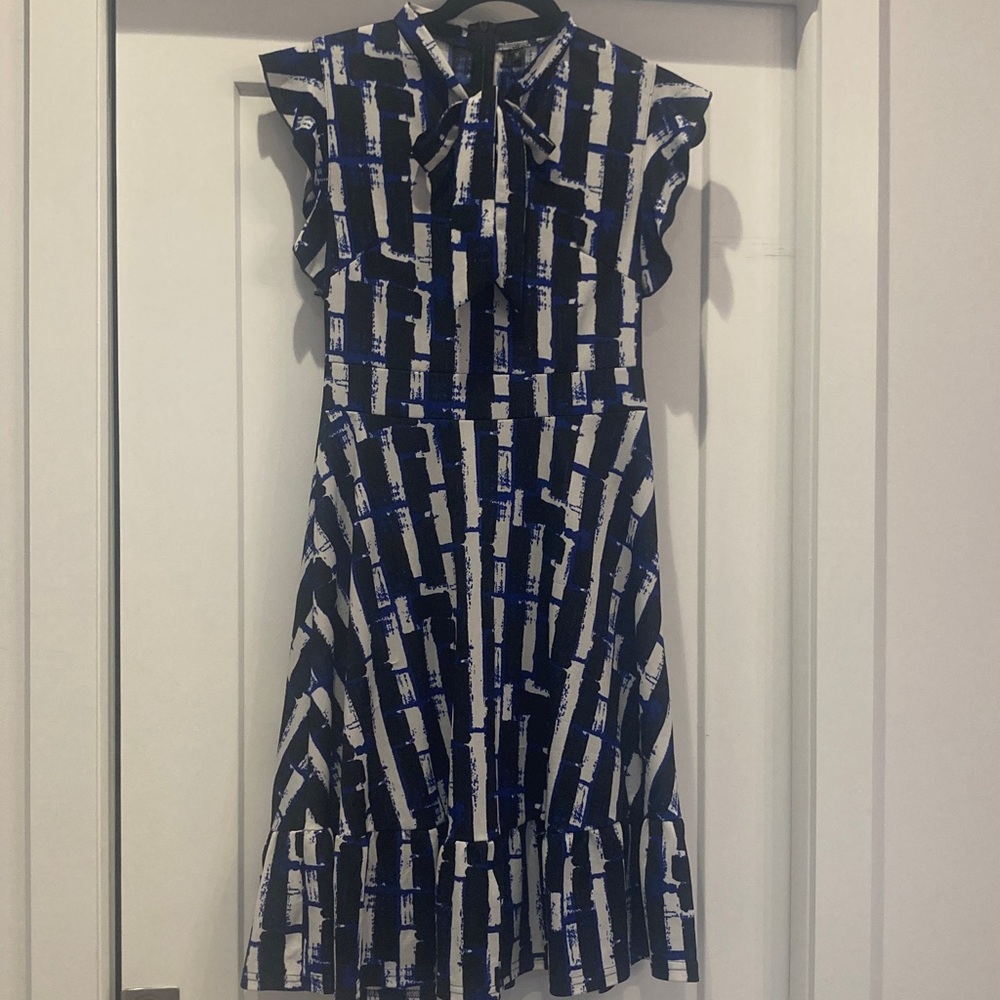 Blue and White Printed Tie-Neck Women's Dress